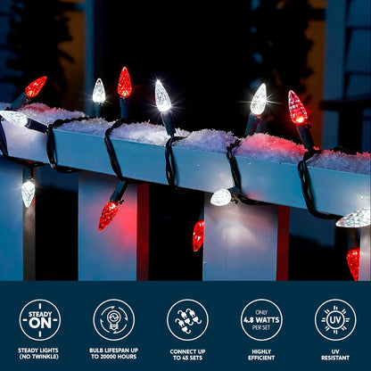 Rooi & Wit Kersfeesliggies, 100 LED Bestendige Aan Aarbei-liggies, 10.26 M Koppelbare Stringliggies – Groen Draad