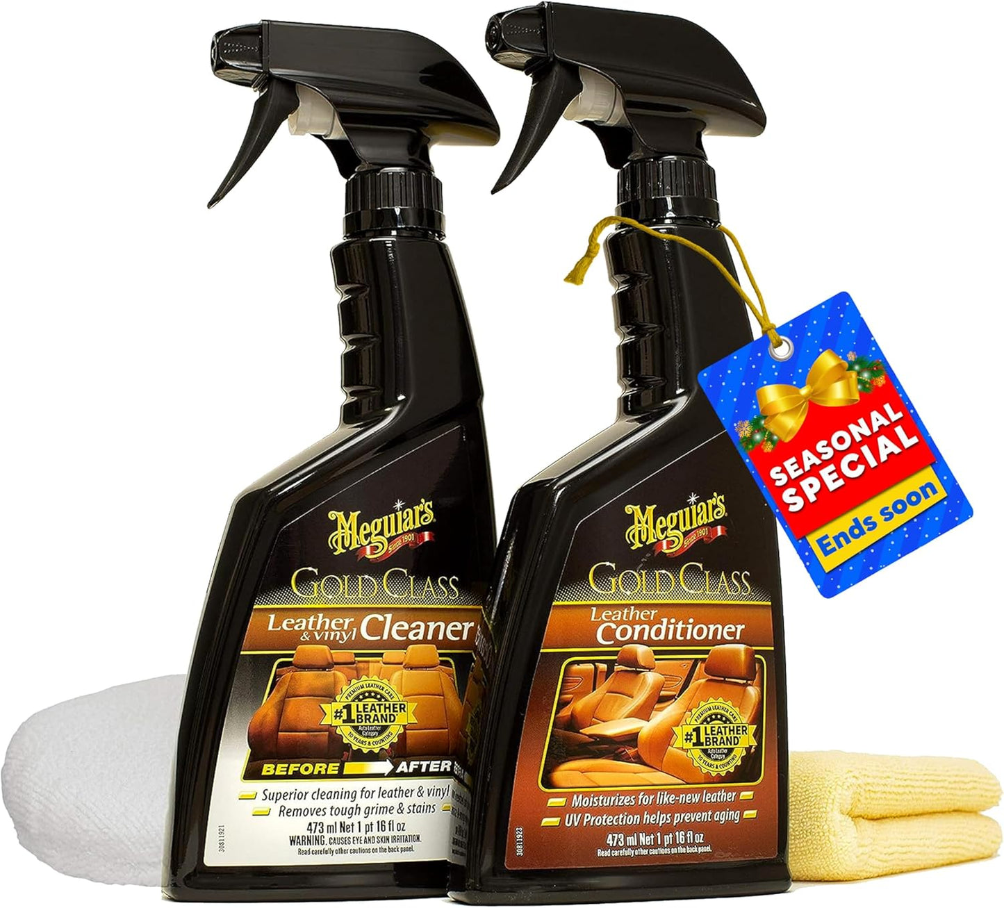 Meguiar's Leersorgstel - Premium Motor Skoonmaker en Kondisioner Leerskoonmaker vir Motorbinnekant, 2 Bottels (16 fl oz)