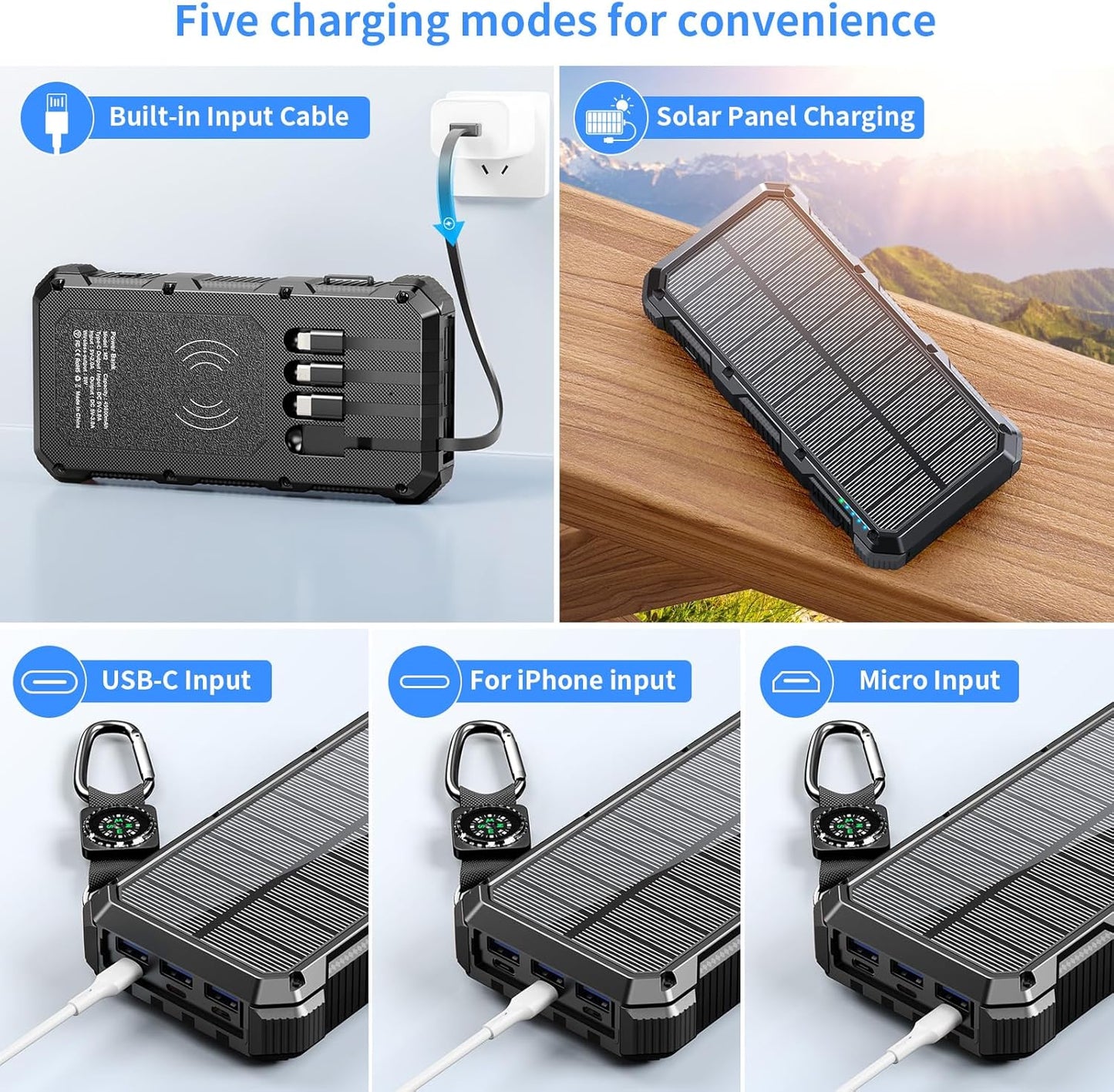 Solar Charger Power Bank 49800mAh Wireless Charger QC 3.0 Fast Charging Power Bank 8 Outputs 4 Inputs Solar Portable Charger Compatible with All Mobile Devices,SOS/Strobe/Strong Flashlights (Black)