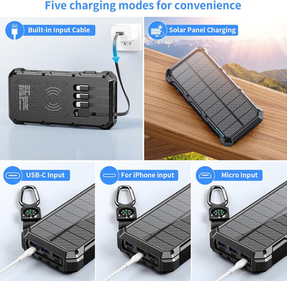 Solar Charger Power Bank 49800mAh Wireless Charger QC 3.0 Fast Charging Power Bank 8 Outputs 4 Inputs Solar Portable Charger Compatible with All Mobile Devices,SOS/Strobe/Strong Flashlights (Black)