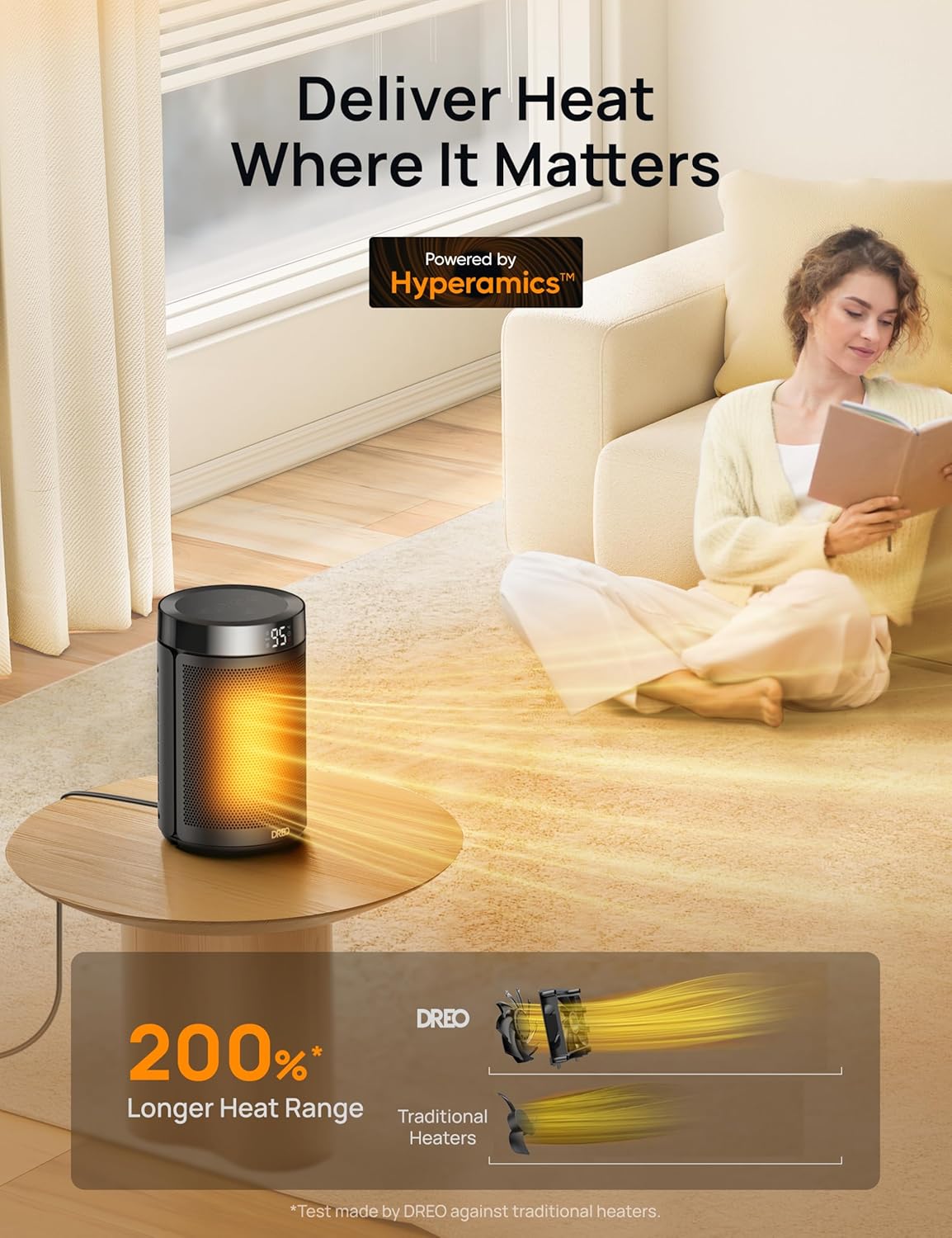 Draagbare elektriese ruimteverwarmers vir binnenshuise gebruik met termostaat en afstandbeheer digitale skerm, 12H-tydhouer, 5 modusse, 1500W PTC keramiek – SWART