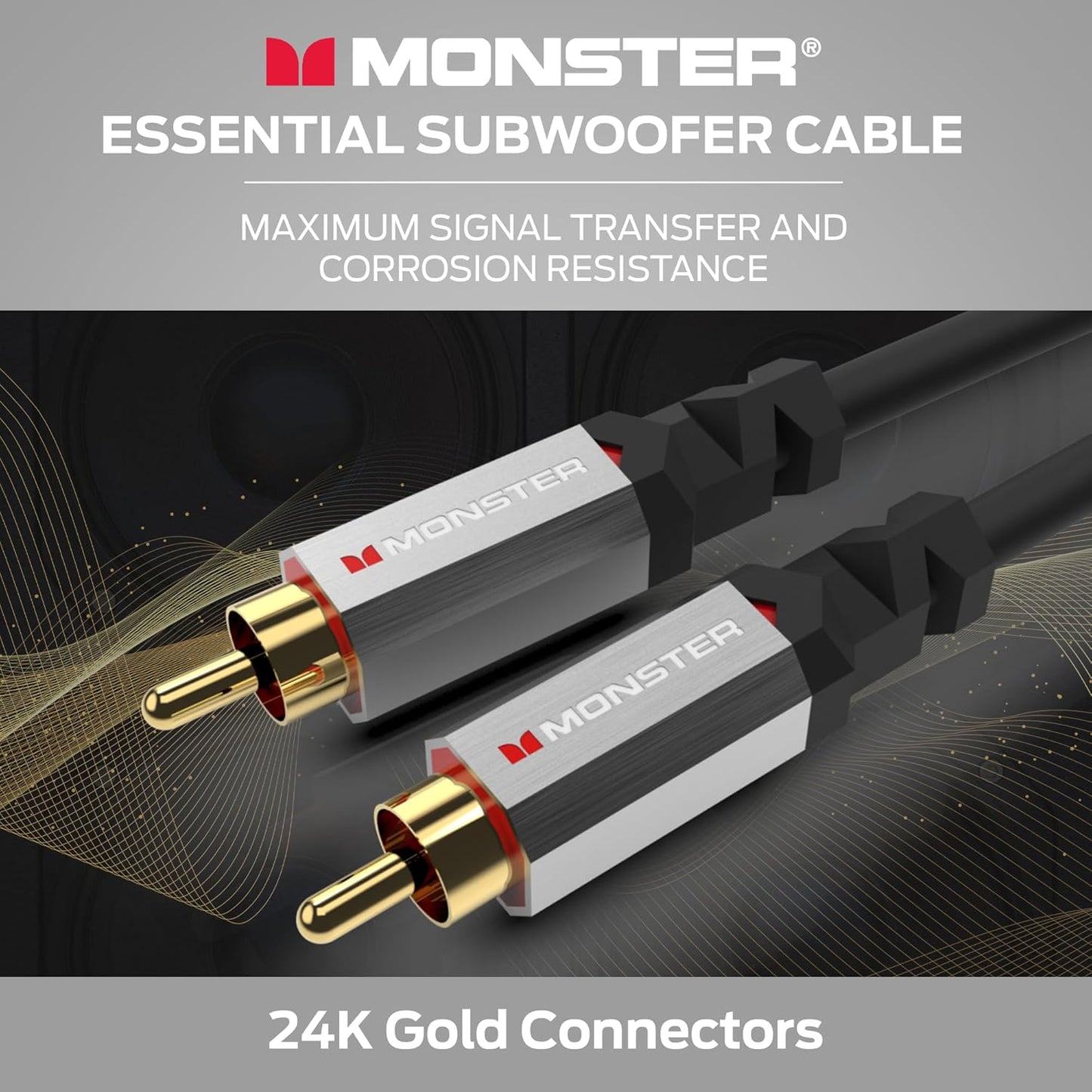 Monster Essentials Premium Subwooferkabelkonnektor vir Tuisflieks en Motors, RCA Subwoofer Oudiokabel, 13.1vt
