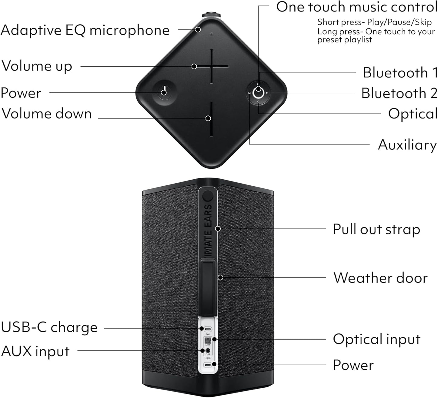 Ultimate Ears Hyperboom Portable Bluetooth Speakers, Loud Party Speaker, Big Bass, Water Resistant IPX4, 150 Ft Range, USB-C – Black