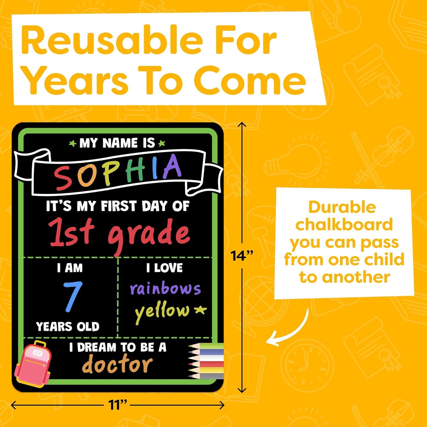 School Sign Board w/ Liquid Chalk Markers - 14x11” Double-Sided & Reusable - My First and Last Day - Back to School Supplies Board