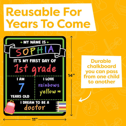 School Sign Board w/ Liquid Chalk Markers - 14x11” Double-Sided & Reusable - My First and Last Day - Back to School Supplies Board