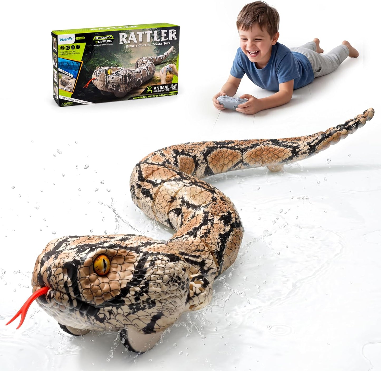 Amphibious Remote Control Rattlesnake Realistic Toy with Rattle Sound for Pranks, Indoor & Outdoor Games for Kids Ages 3+