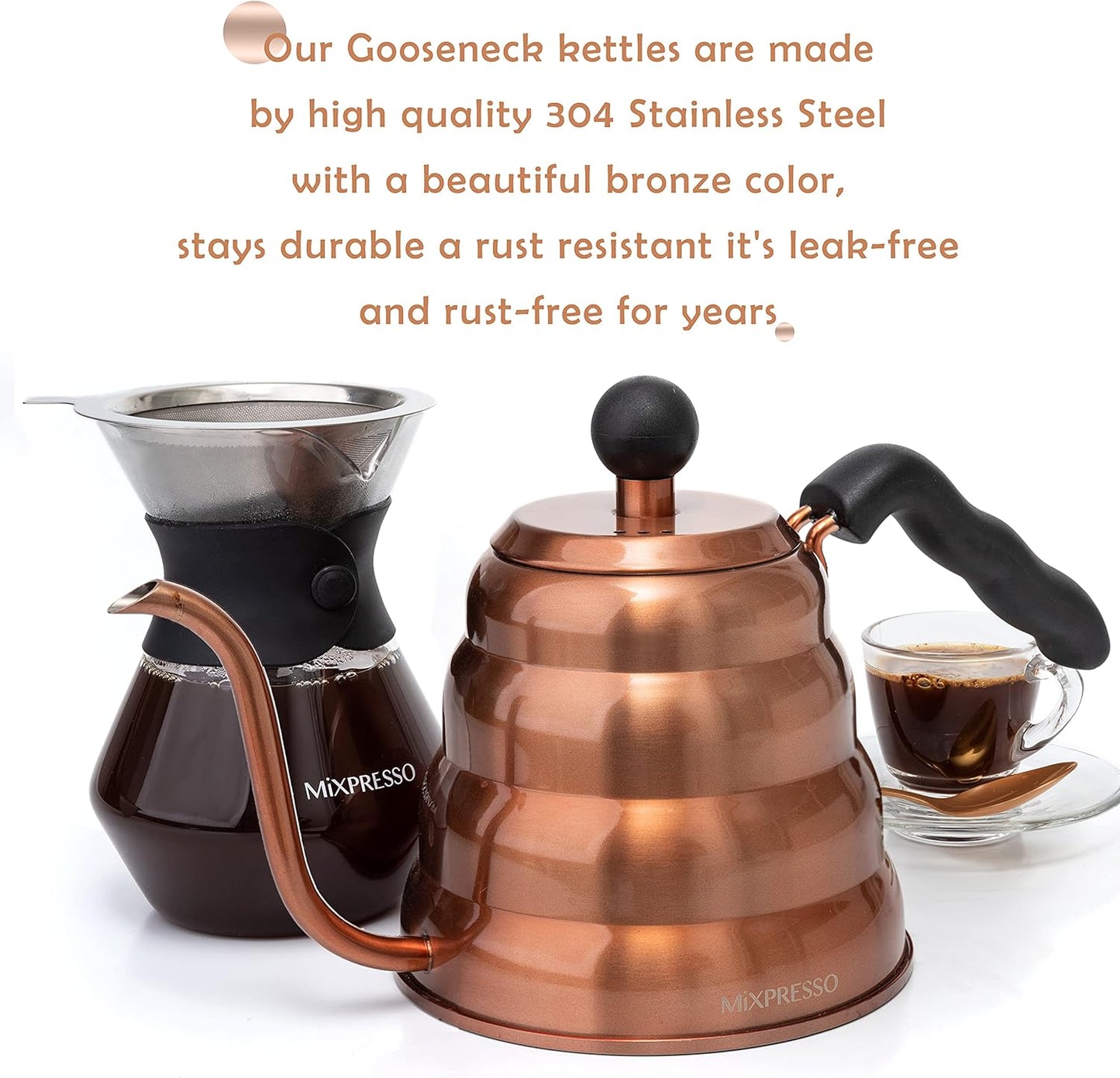 Mixpresso Ganswashals-opgietkoffieketel, Barista-opgietbeheerontwerp vir Koffie en Tee Hoëgraadse vlekvrye staal 1.2 liter (40 Oz) drupkoffie-induksieplaat, koperstoofketel