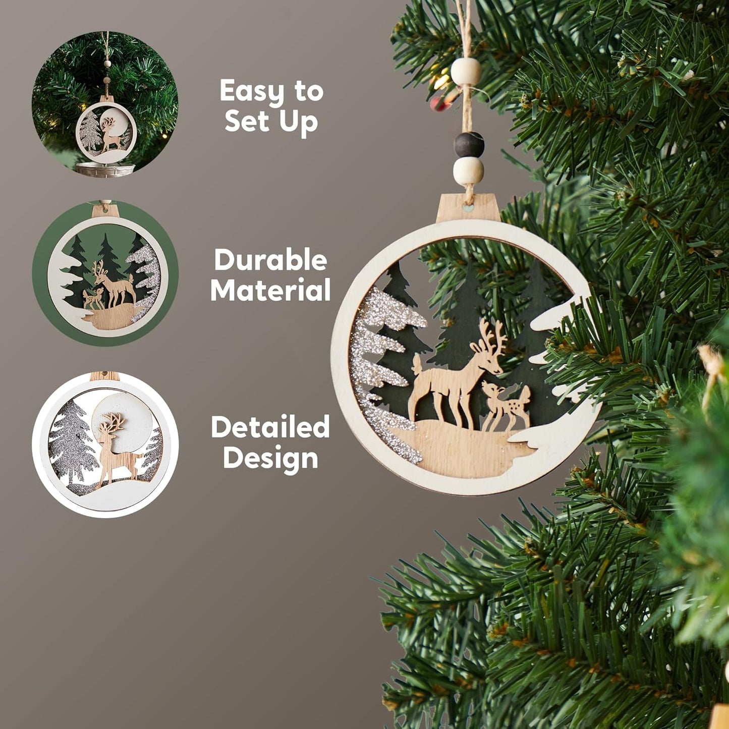 (6PCS) Christmas Wooden Ornaments  Farmhouse Rustic Reindeer, Hanging Wood Ornaments - Rustic