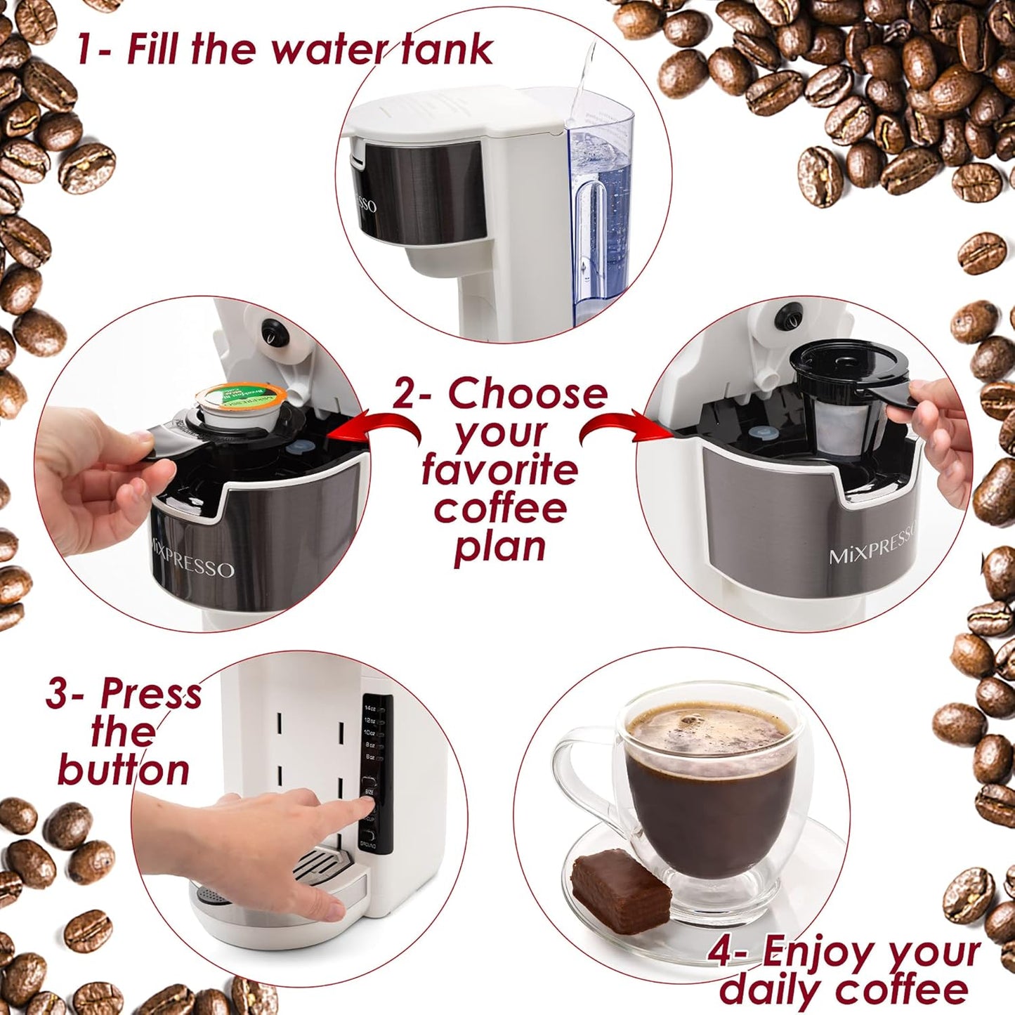 Mixpresso Wit Enkelbedien Koffiebrouer K-Cup Peule Versoenbaar & Gemaal, 30 oz Kompakte Koffiemaker Enkelbedien Met 5 Brougroottes Tot 14 Oz, Pas Reismbeker, Verstelbare Drupbak