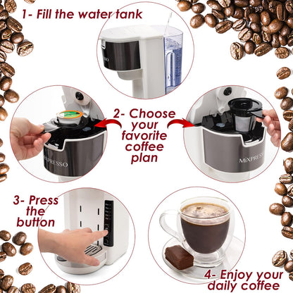Mixpresso Wit Enkelbedien Koffiebrouer K-Cup Peule Versoenbaar & Gemaal, 30 oz Kompakte Koffiemaker Enkelbedien Met 5 Brougroottes Tot 14 Oz, Pas Reismbeker, Verstelbare Drupbak