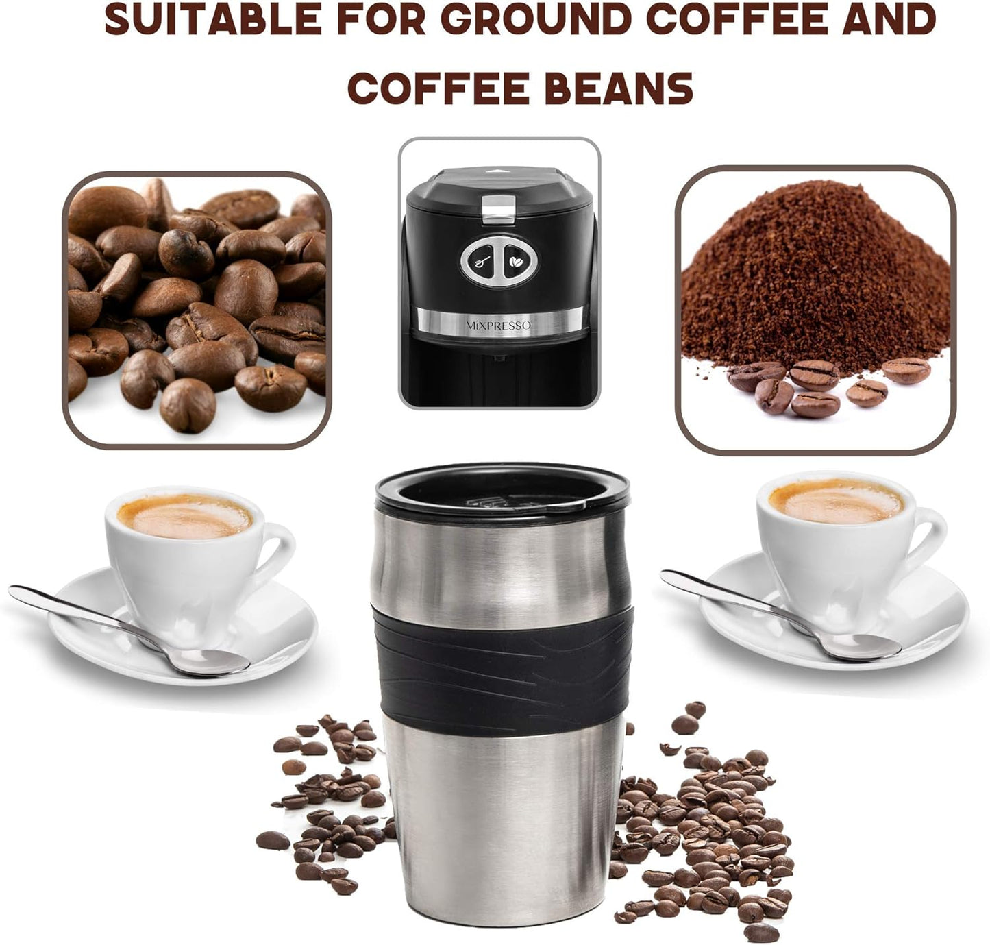 Mixpresso 2-in-1 Maal-en-Brou Outomatiese Persoonlike Koffiemaker, Outomatiese Enkelbedien-Koffiemaker met Ingeboude Maalmasjien en 14oz Reisbeker, Outo-afskakelfunksie, Swart Reiskoffiemaker