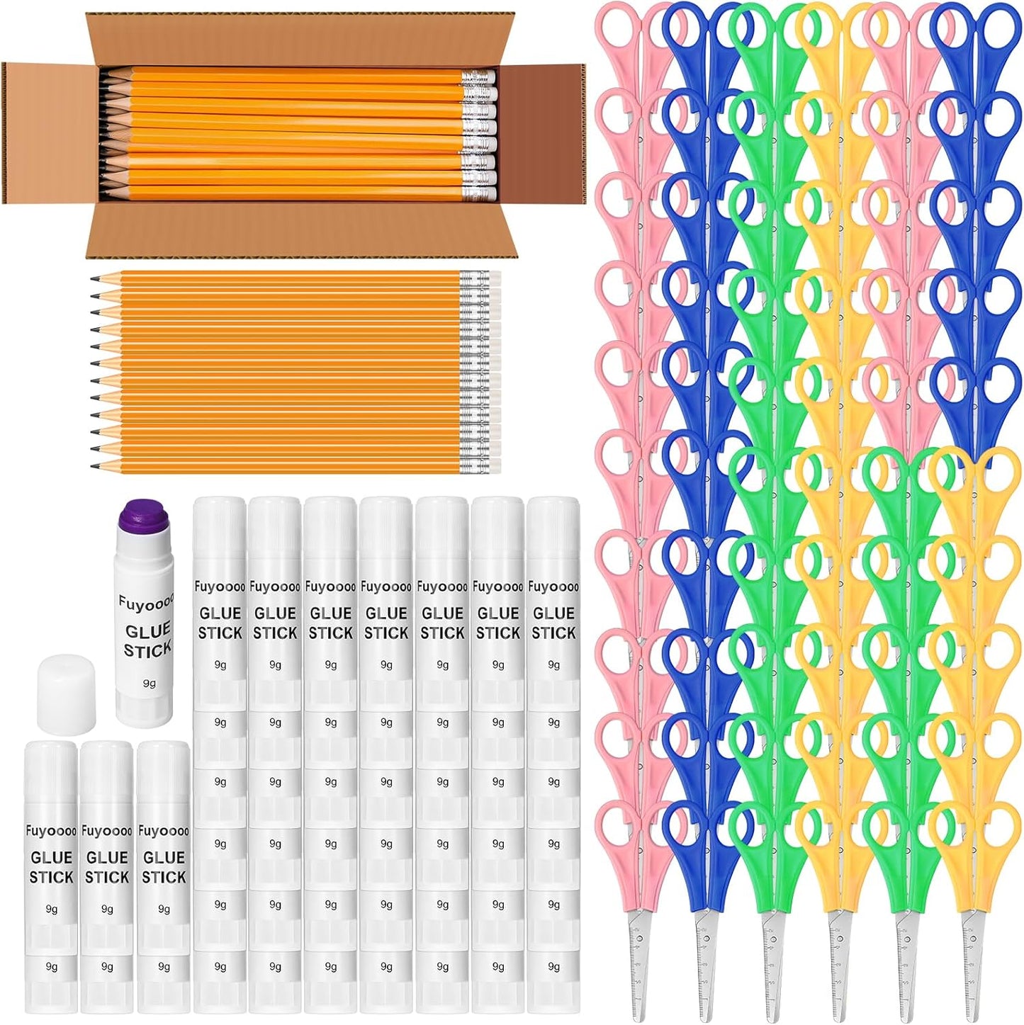 180 Pcs School Supplies Bulk 60 Safety Blunt Tip Scissors 60 White Glue Stick 60 Sharpened #2 HB Wood Pencils with Erasers Back to School Supplies for Party Favors Classroom