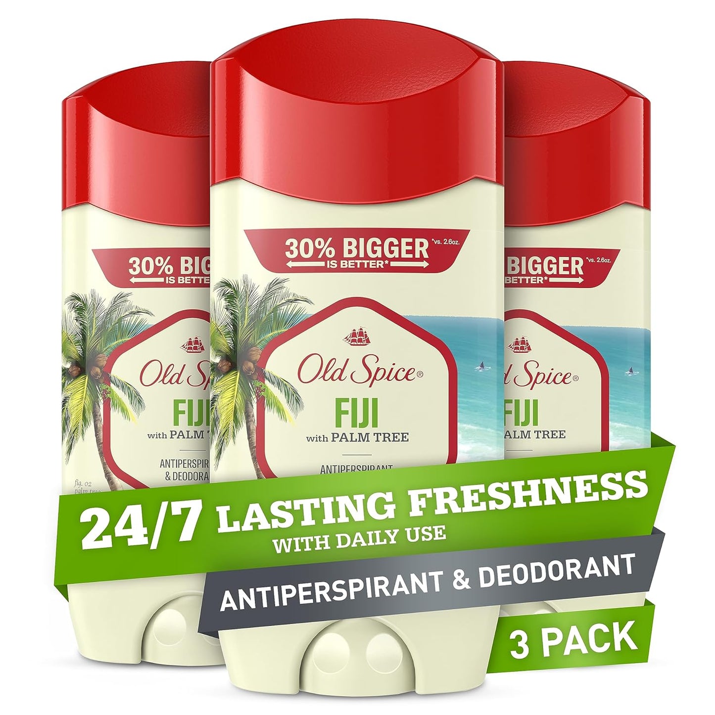 Old Spice Men's Antiperspirant & Deodorant, 24/7 Lasting Freshness, Advanced Sweat & Odor Protection Invisible Solid, Fiji w/ Palm Tree Scent (Pack of 3)