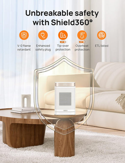 Draagbare Atom One Ruimteverwarmer m/ Afstandbeheer, 70°Ossillerend m/ Digitale Termostaat, 1500W PTC Keramiek, 12h Tydhouer, Stil Veiligheidsverhitting - Starlight