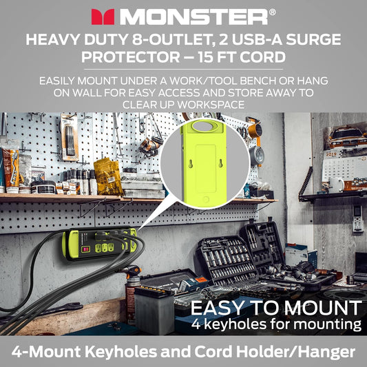 Monster Workshop Swaardiens Motorhuis Kragstrook Oorspanningsbeskermer - Monteerbare Swaardiens Wydgespasieerde 8 Geaarde WS- & 2 USB-A-afsetpunte met 14vt Hoekige Platprop - 1200 Joule - ETL Gelys Swart