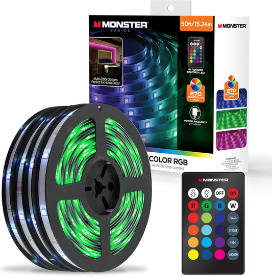 Monster 50 Voet RGB LED-ligstrook met afstandbeheer, 270 RGB-LED's, kleefrugkant, bedek vir vogbeskerming, dimbaar, 24V-prop, 4 modusse insluitend stroboskoop, flits, vervaag en glad