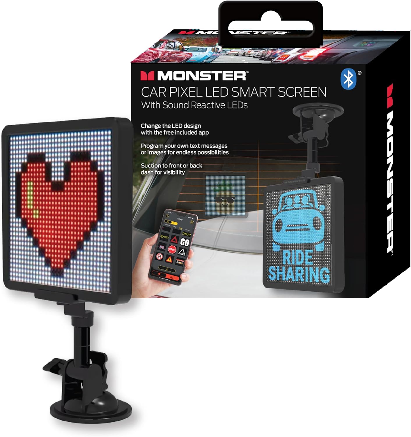 Monster Smart Pixel Display Screen for Cars, App Controlled Custom LED Text Pattern & Animation Screen, Sound Reactive, USB Powered, 6x6 in, 32x32 Pixels, Full Color Mobile Advertising & Ride Sharing