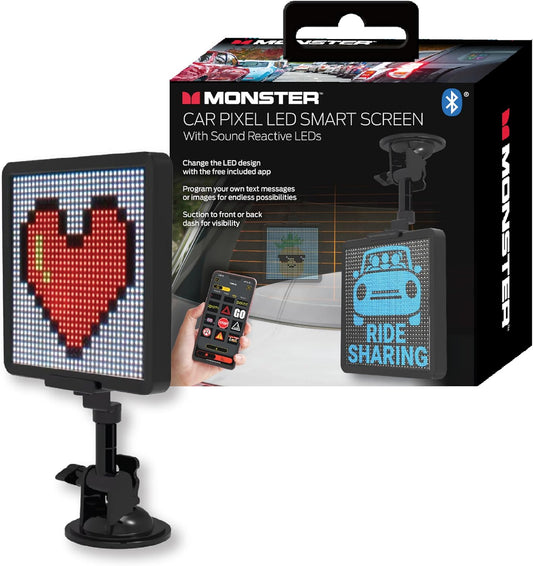 Monster Smart Pixel-skerm vir motors, Toepbeheerde pasgemaakte LED-tekspatroon en -animasieskerm, Klankreaktief, USB-aangedrewe, 6x6 duim, 32x32 pieksels, Volkleur mobiele advertensies en saamrygeleenthede
