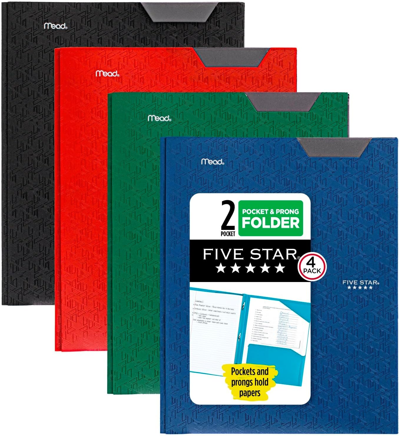 Five Star 2-Pocket Folder, 4 Pack, Plastic Folder with Stay-Put Tabs and Prong Fasteners, Holds 8-1/2" x 11"