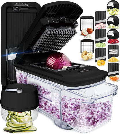 Fullstar Alles-in-1 Groentesnyer en Mandolien vir Kombuis - Kaasrasper, Fransebraai-Snyer, Kaassnyer - Bonus Handheld Spiraalsnyer Ingesluit (6-in-1, Swart)