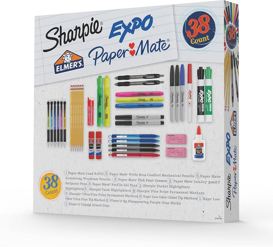 Skoolbenodigdhede Kit Uitwysers Meganiese Potlode Gomstiffies Uitveërs Permanente Merkers Gelpenne Potlode Skoolgom en meer van Sharpie Elmer’s Paper Mate & Expo 38 stukke
