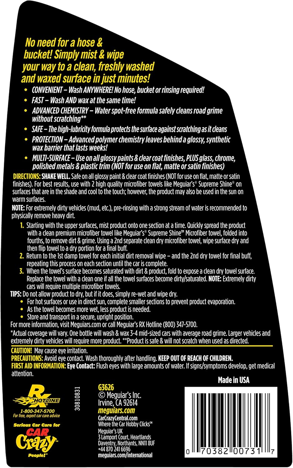 Meguiar's Ultimate Waterless Wash & Wax, Krasvrye Skoonmaaksproei 2-in-1 Detailer vir Glans (26 Oz)