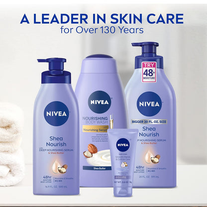 NIVEA Shea Nourish Body Lotion for Dry Skin with Hyaluronic Acid, Shea Butter and Deep Nourishing Serum, 48-Hour Body Moisturizer, 2.5 Fl Oz Bottle, Pack of 6