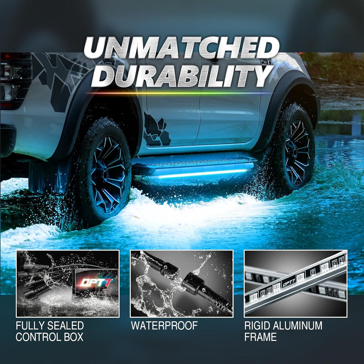 Aura Pro RGB Aluminum Truck Underglow Kit w/ App & Remote Control Waterproof 1-Piece Rigid Bars, 4PC Multicolor Music Sync Lighting, Exterior.