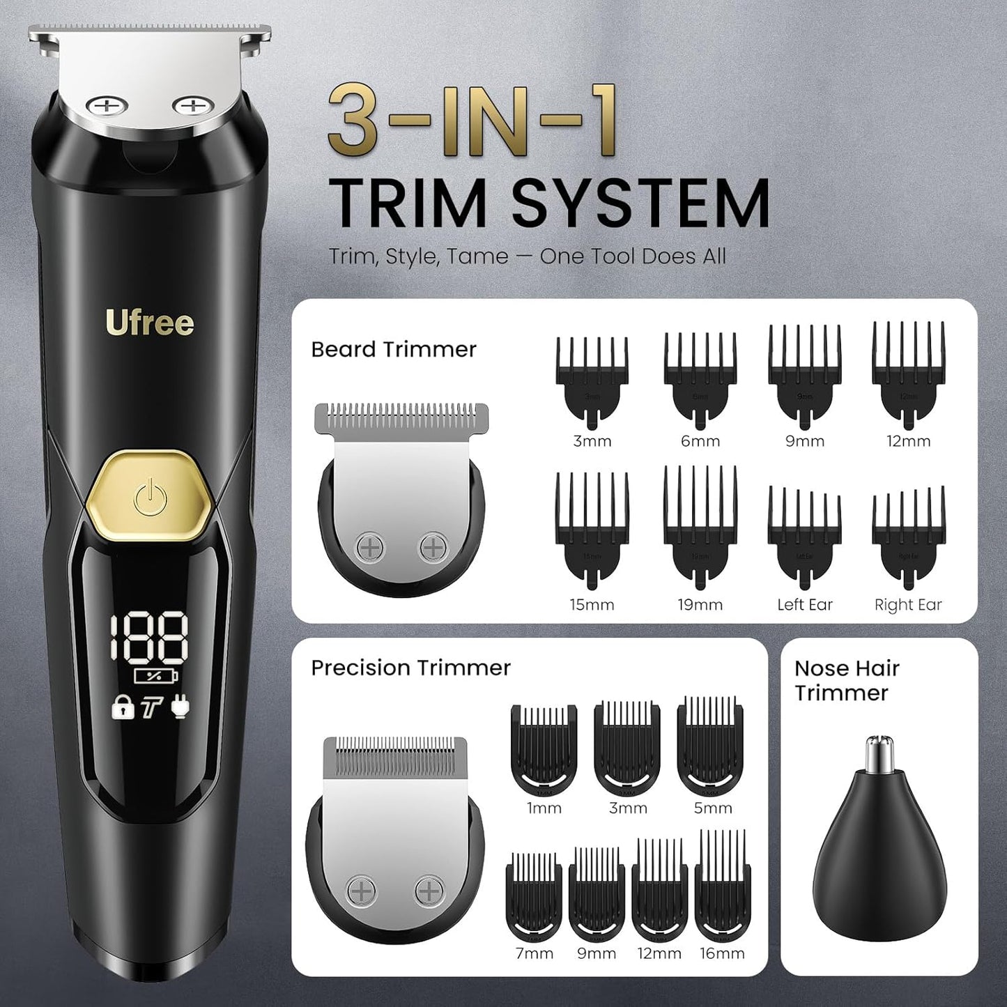 3-in-1 Beard Trimmer Kit, Men's Electric Shaver Razor for Mustache Body Nose Facial Hair, Professional Hair Trimmer, Rechargeable Clippers, Waterproof Beard Grooming, Birthday Gifts for Men