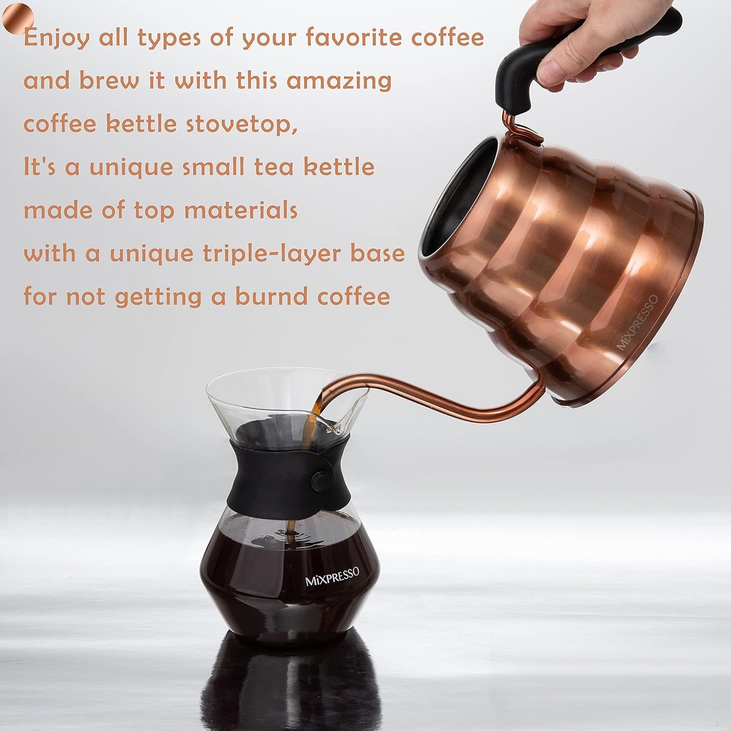 Mixpresso Ganswashals-opgietkoffieketel, Barista-opgietbeheerontwerp vir Koffie en Tee Hoëgraadse vlekvrye staal 1.2 liter (40 Oz) drupkoffie-induksieplaat, koperstoofketel