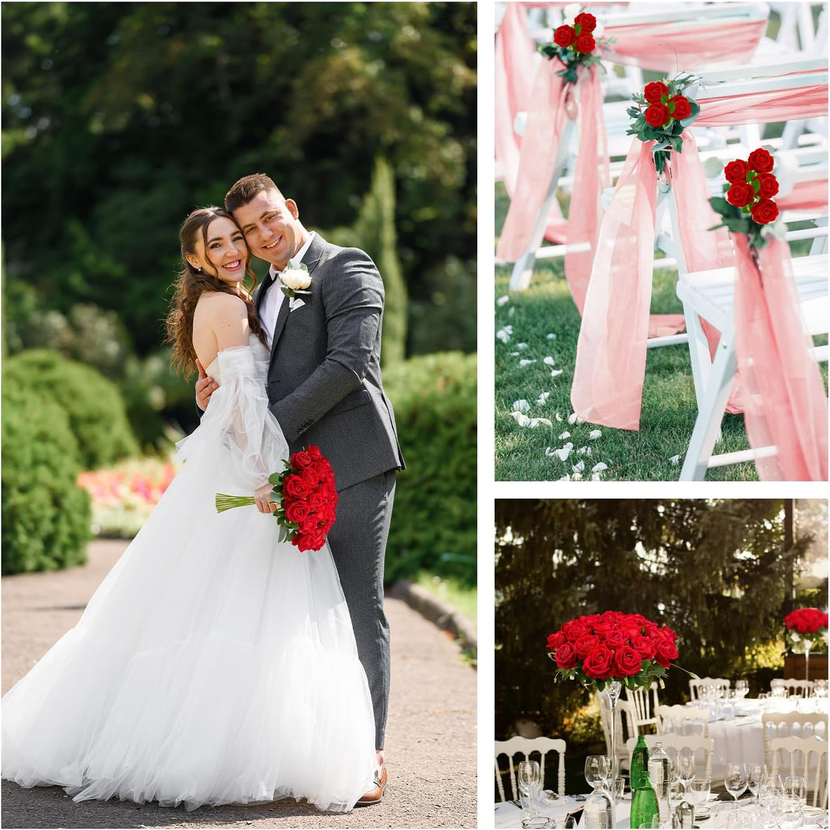 50 PCS Bulk Artificial Flowers, Fake Velvet Silk Red Roses with Long Stems