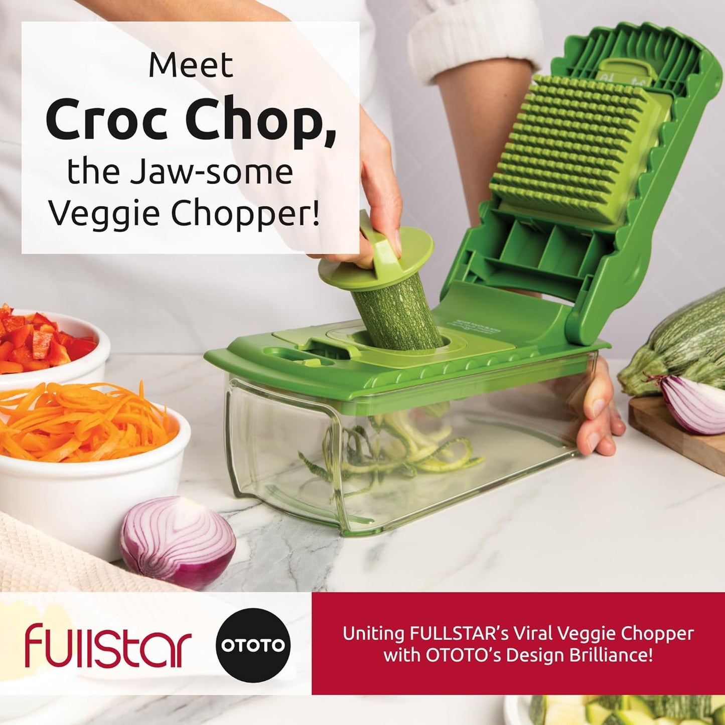 NUWE Fullstar X OTOTO Croc Chop Groentesnyer & -skywer - Multifunksionele Koskapper, Krokodil Uiesnyer, Oulike Kombuisgereedskap & Geskenke vir Huiswarming