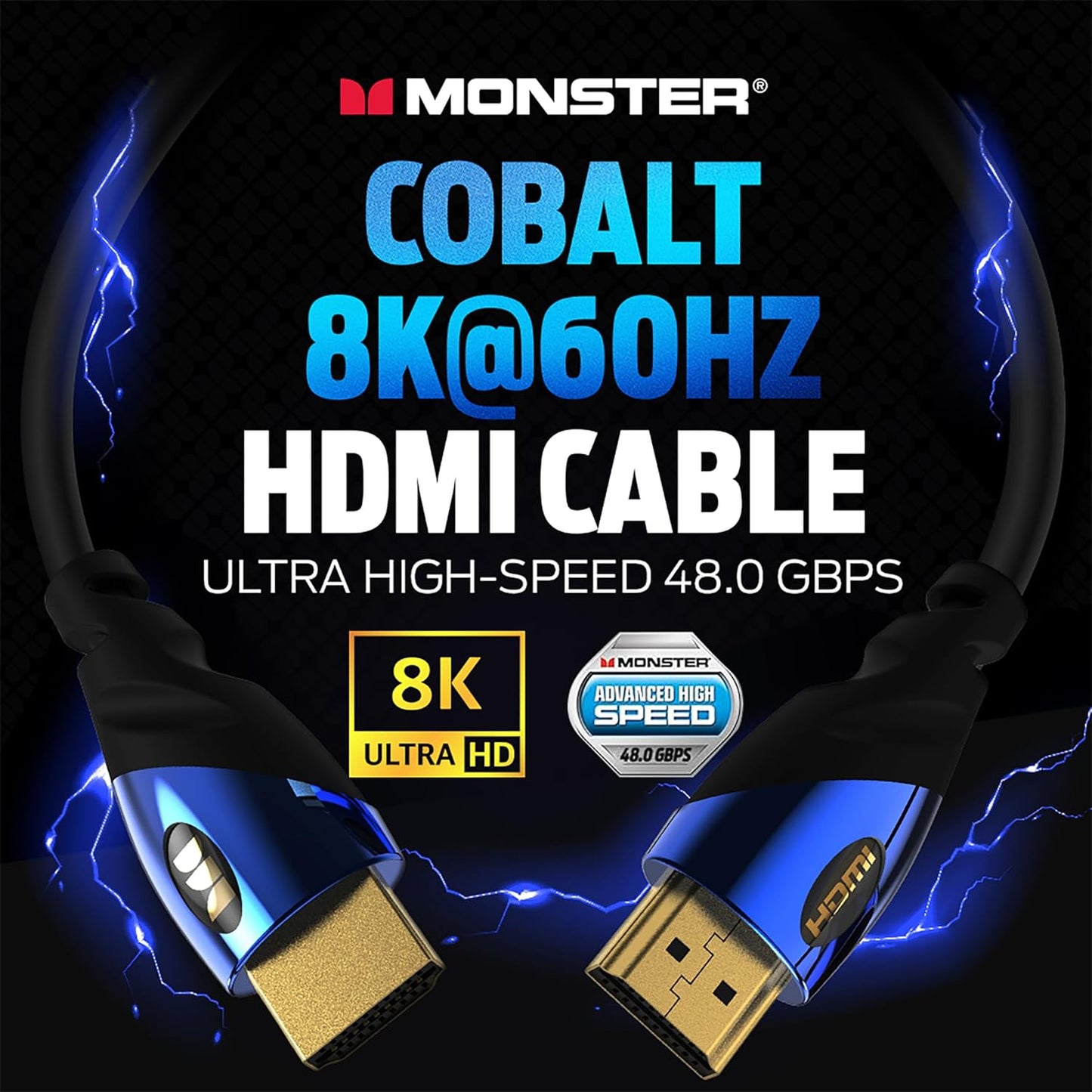 Monster 8K HDMI-kabel (4 VT) — 5 HDMI-kabel met 24K goue kontakte en V-Greep, 48 Gbps Spoed, 60/120 Hz Verfrissingstempo, Dinamiese HDR en eARC vir voortreflike beeld en klank