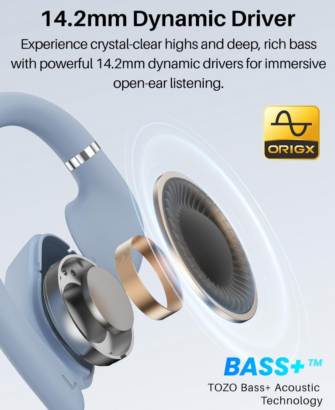 OpenWear Open Ear Headphones, Adjustable Ear Hooks, Ultra Comfort, Bass Bluetooth Headphones 5.4 with Smart Digital Display (Blue)
