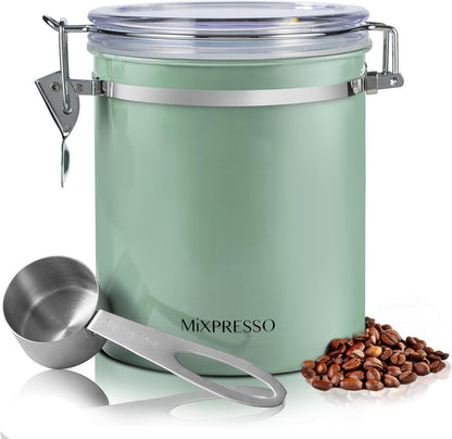 Mixpresso Groen Koffiekan, 16oz Lugdigte Vlekvrye Staal Kombuiskosbergingshouer met Deursigtige Deksel en Lepel. vir Gemaalde Koffie, Bone, Tee, Meel, Graankosse, Vakuumverseëlde Suikerhouer