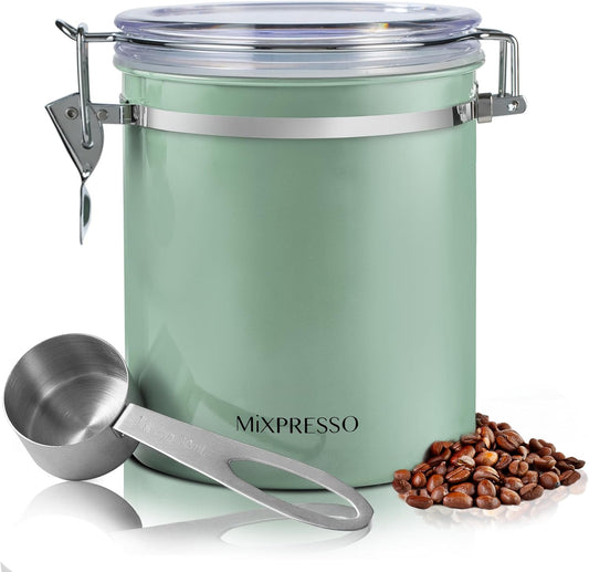 Mixpresso Groen Koffiekan, 16oz Lugdigte Vlekvrye Staal Kombuiskosbergingshouer met Deursigtige Deksel en Lepel. vir Gemaalde Koffie, Bone, Tee, Meel, Graankosse, Vakuumverseëlde Suikerhouer