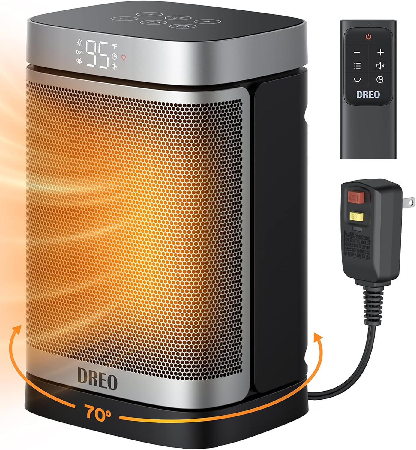 Ruimteverwarmer 1500W Veilig en Stil PTC Keramiekverwarmer, 5-35°C Digitale Termostaat, 70°Ossillerend, Afstandbeheer, ALCI Veiligheidsproppie, 12h Tydhouer, 5 Modusse