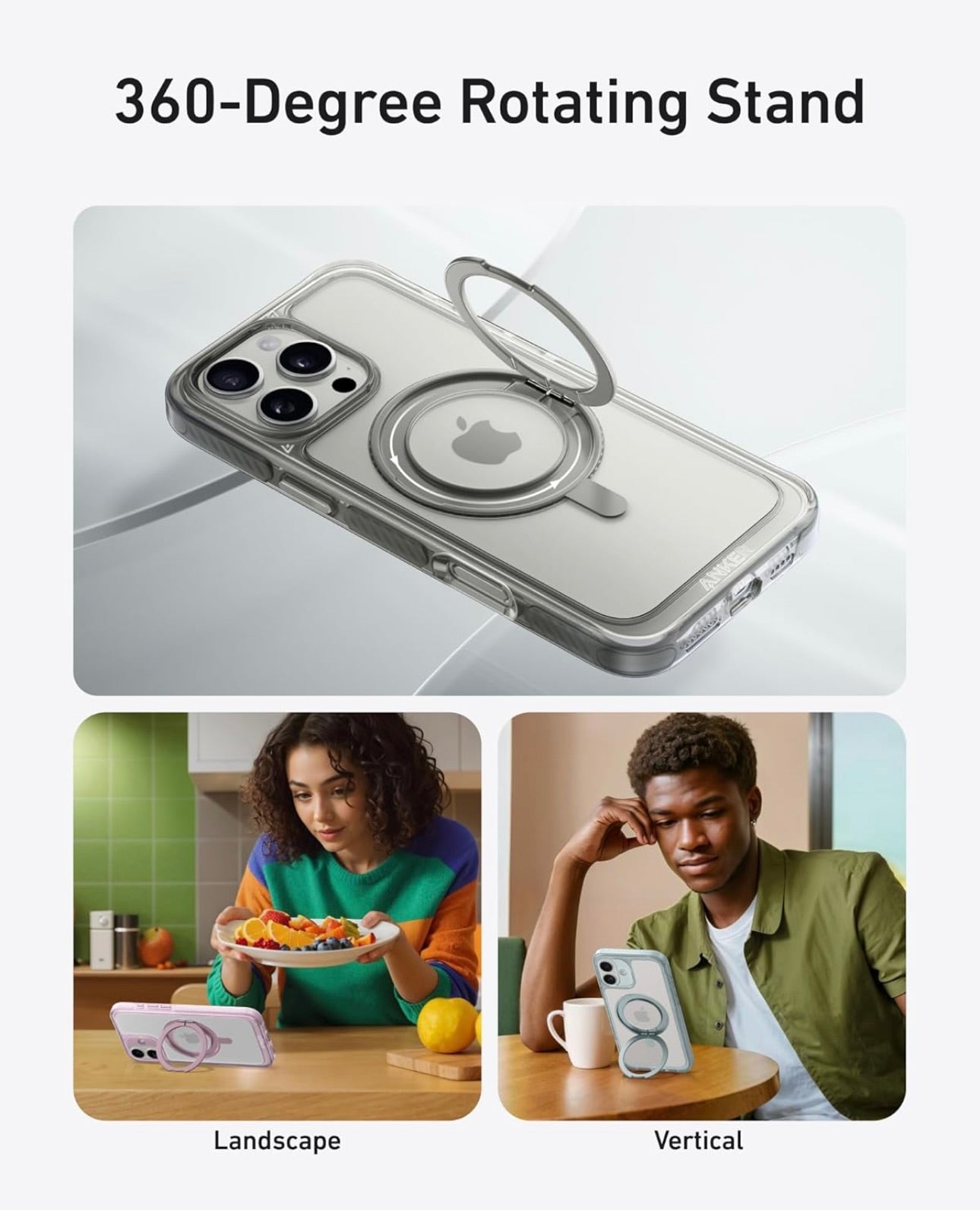 Anker Ultra Magnetic for iPhone Case with Sturdy 360° Ring Stand, Anti and Drop-Proof (Clear White)