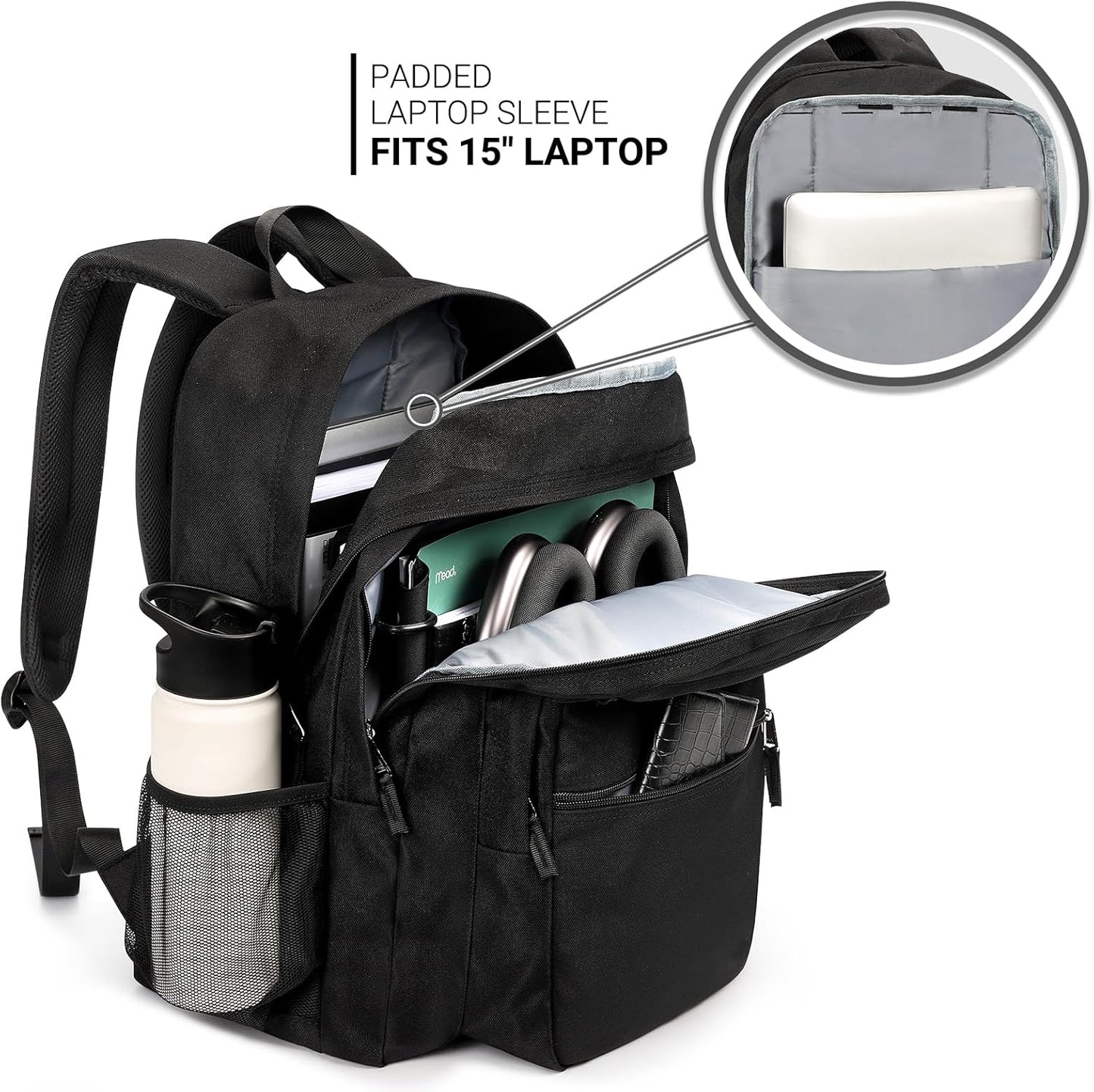 26L Black Backpack for School, College, and Travel: Water Resistant Bookbag with 8 Compartments