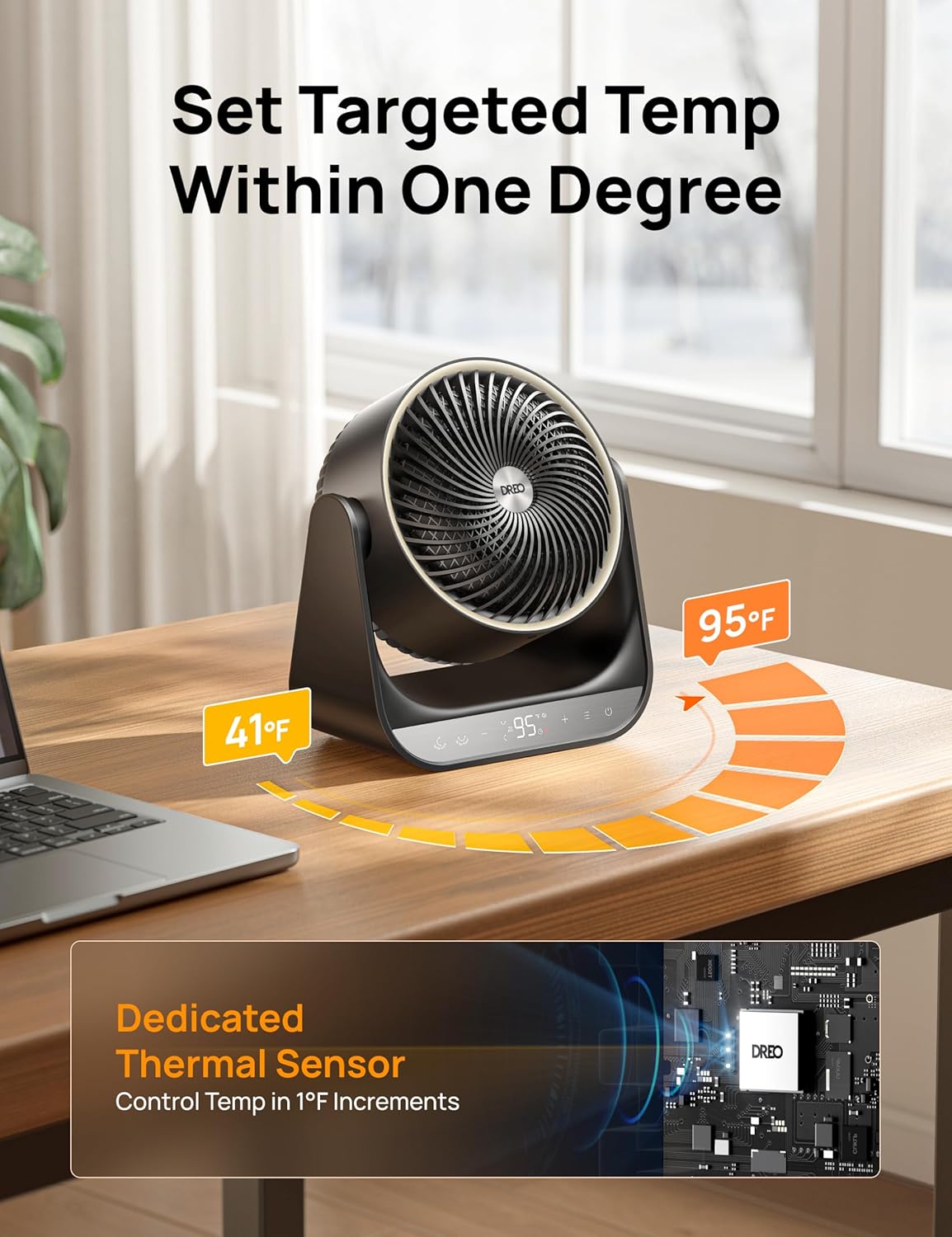 Verwarmer 714, 60° Vertikale en 90° Horisontale 3D Oscillerende Verwarming, 12 vt/s Langafstand-sirkuleerder, 3 Hitte- en 3 Waaiverstellings, vir Binnenshuis - Swart