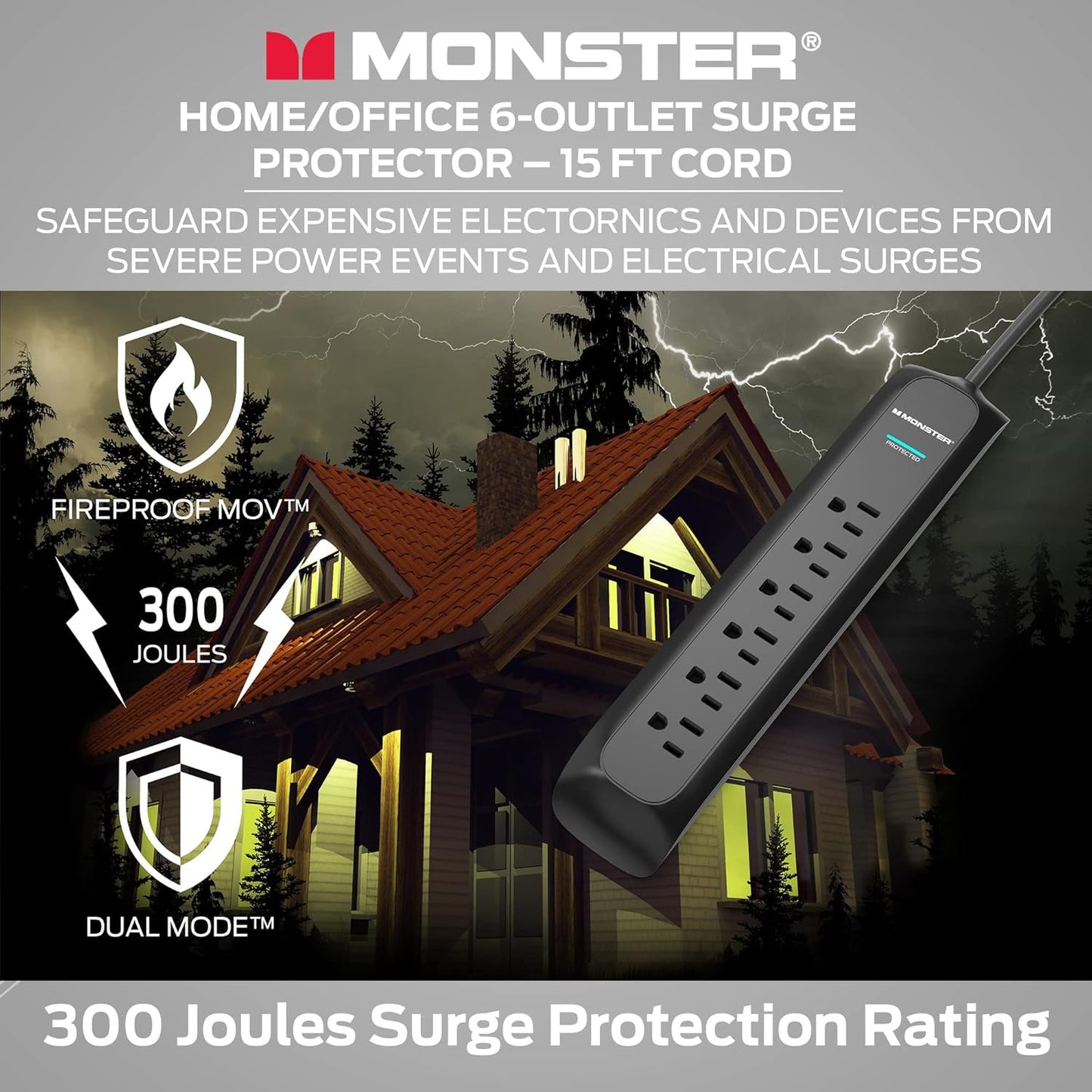 Monster 15ft Black Power Strip and Tower Surge Protector, Heavy Duty Protection, 300 Joule Rating and 6 120V-Outlets - Ideal for Computers, Home Theatre, Home Appliances, and Office Equipment