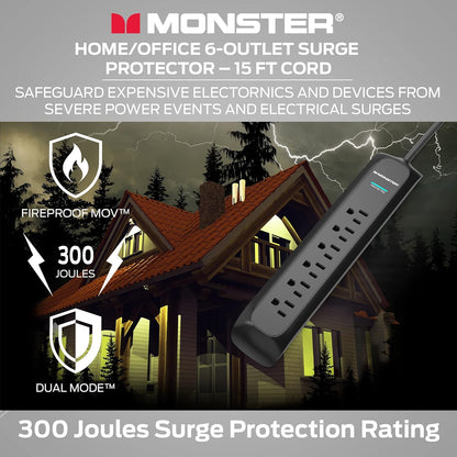Monster 15ft Black Power Strip and Tower Surge Protector, Heavy Duty Protection, 300 Joule Rating and 6 120V-Outlets - Ideal for Computers, Home Theatre, Home Appliances, and Office Equipment