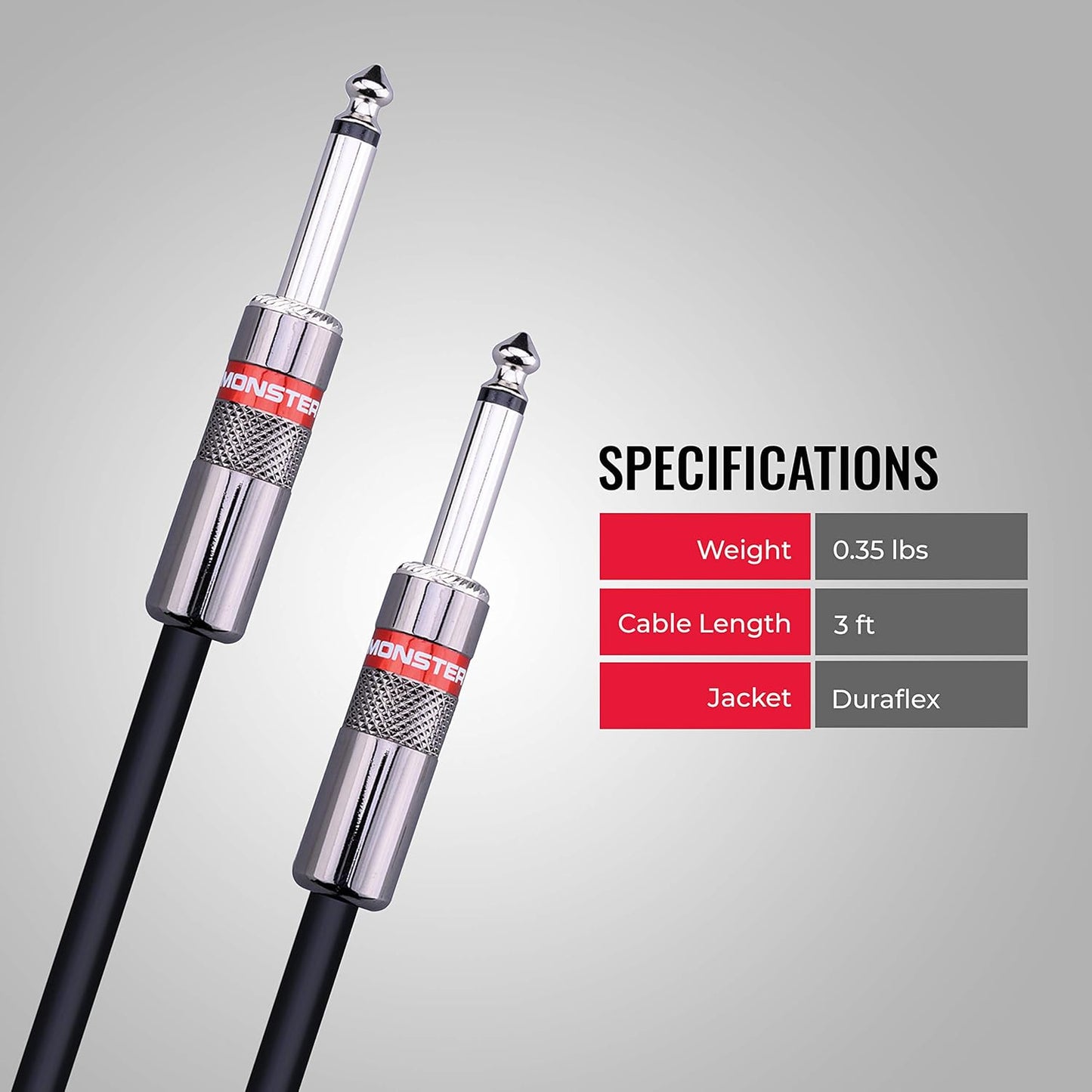 Monster Prolink Classic Speaker Cable - 25FT Straight to Straight Instrument Cable - Straight 1/4-Inch Plugs - Guitar Cord w/Superior Signal Transfer, Noise Reduction, Duraflex Outer Jacket