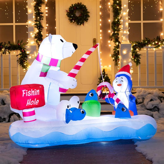 (6FT) Long Christmas Inflatable Penguin & Polar Bear Decoration, Blow Up Yard Fishing Hole Sign w/ Build-in LEDs Decorations