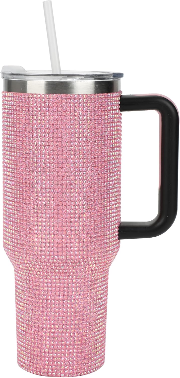 Insulated Stainless Steel Tumbler w/ Reusable Straw & Leak-Proof Lid Easy Carry Handle 40oz (Pink Rhinestones)