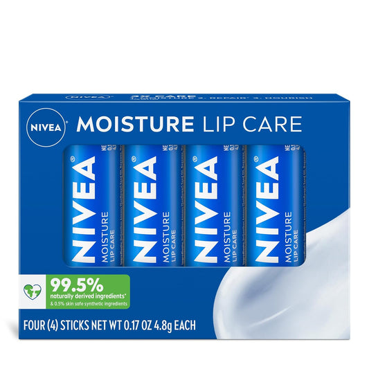 NIVEA Moisture Lip Care, Hidrerende Lipbalsem met Shea Botter, Voedende Olïes en Vitamien C & E, 3-in-1 Hidrasie, Herstel en Voed, 0.17 Oz Stokkie, Pakkie van 4