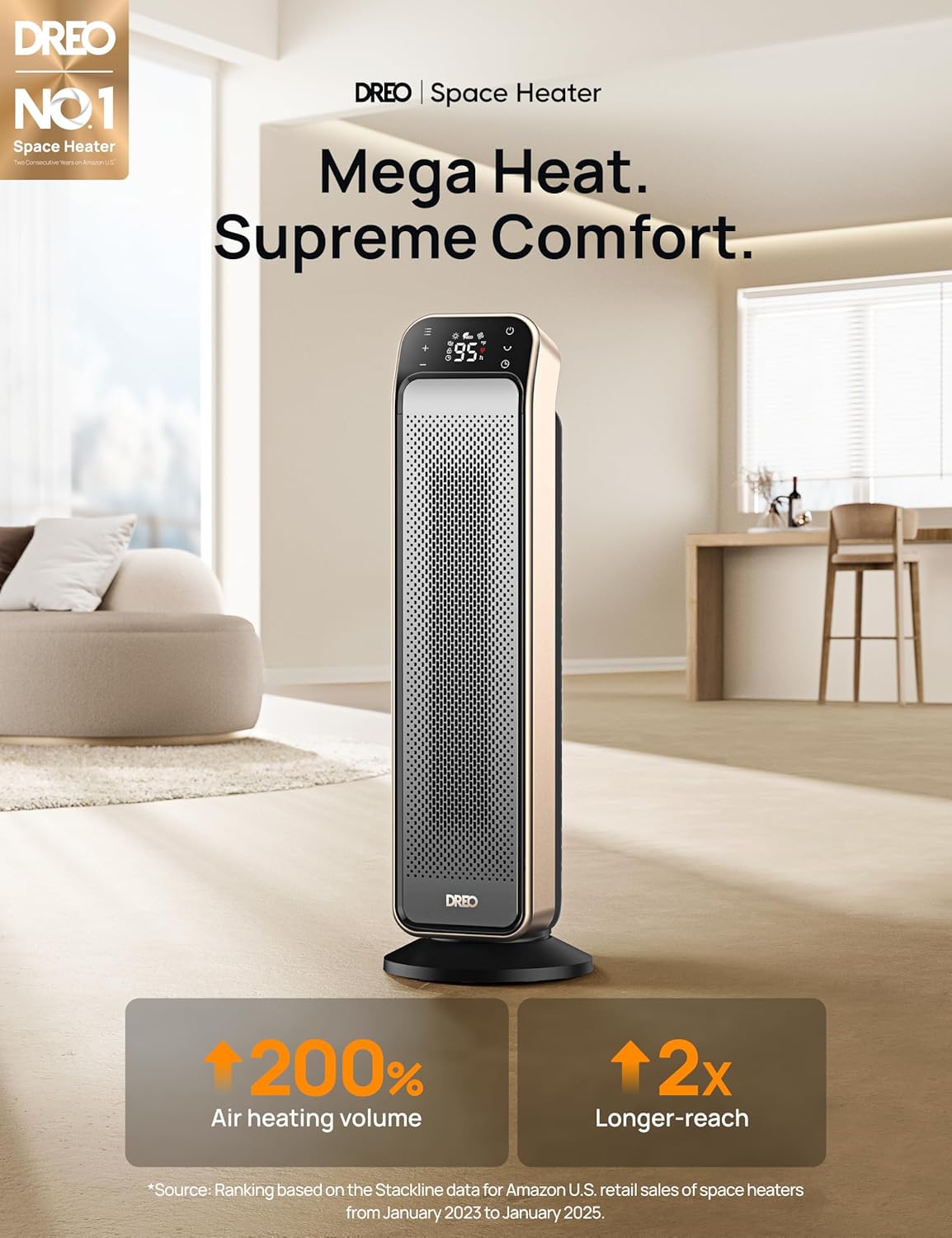 Ruimteverwarmer Binne, 25" 11.5vt/s Vinnige Draagbare Verwarmer met Afstandbeheer en Termostaat, 3 Modes vir Binnegebruik Groot Kamer - Goud