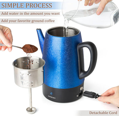 Mixpresso 10 Koppie Elektriese Perkolator Koffiepot, Vlekvrye Staal Elektriese Koffieperkolator Met Warmhoufunksie, Klassieke Perkolatorpot Met Verwyderbare Mandjie vir Huis of Kantoor - Blinkblou