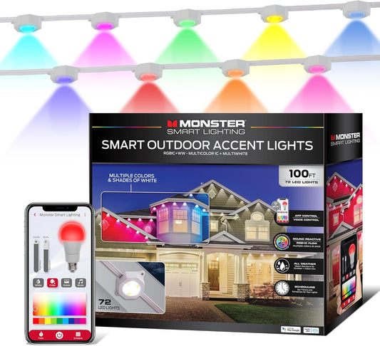 Monster Smart Permanente Buiteleueligte, 30.5m, 72 LED Dakrandligte, RGB+IC+WW, Weer- en Waterbestand, Toepassing- & Stembeheer, Versoenbaar met Alexa en Google, vir Halloween, Kersfees & Hele Jaar Deur