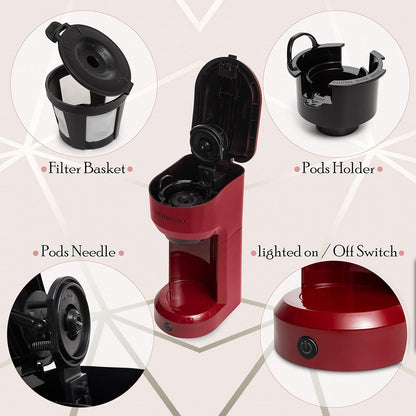 Mixpresso 2-in-1 Koffiebrouer, Enkelbedien & Persoonlike Koffiemaker, Kompakte Grootte Mini, Vinnige Brou Tegnologie, 14oz Rooi